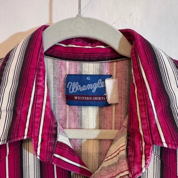 Vintage Wrangler Men's Shirt Stripes Red Black Western Pearl Snap Down XL 90s - Picture 2 of 8